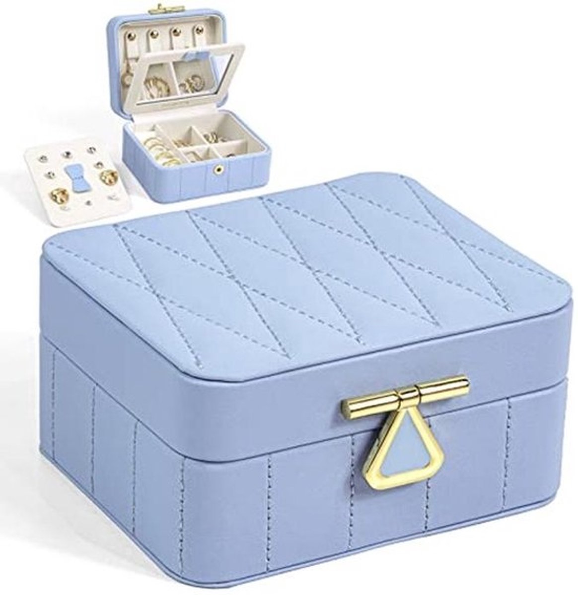 KAMIER Diamond Padded Leather Jewelry Box Organizer, Small Portable Travel Bag for Women with Mirror, Blue