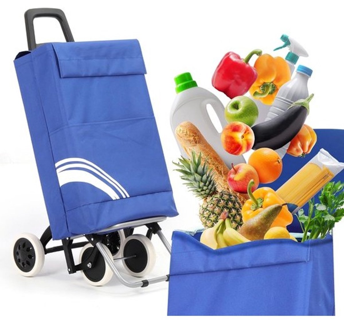 Winkelwagen - Boodschappentrolley - Boodschappen vervoeren - Waterafstotend materiaal - 40 Liter - Blauw Wit