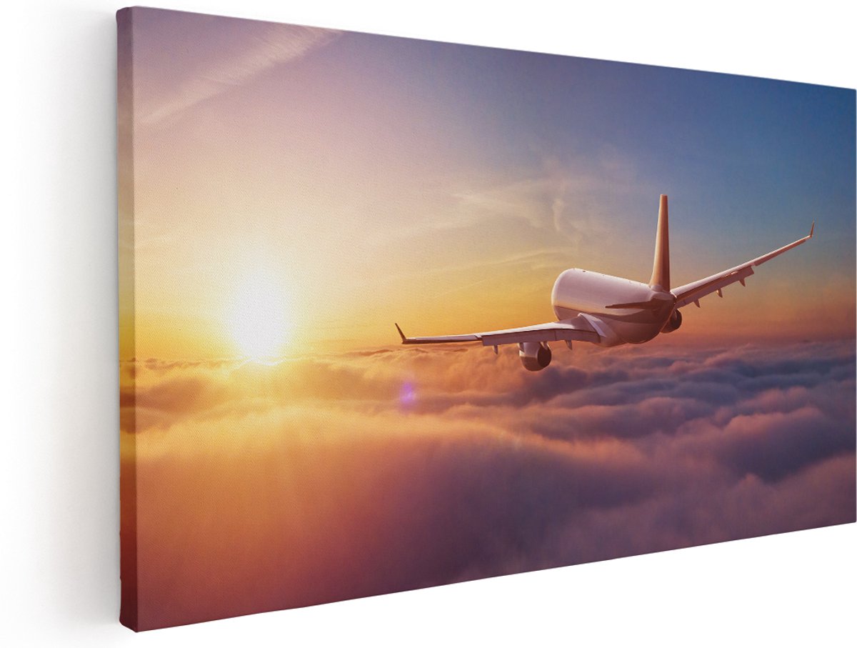 Artaza Canvas Schilderij Vliegtuig In De Wolken Bij Zonsondergang - 160x80 cm - Groot - Wanddecoratie Woonkamer - Schilderijen - Muurdecoratie