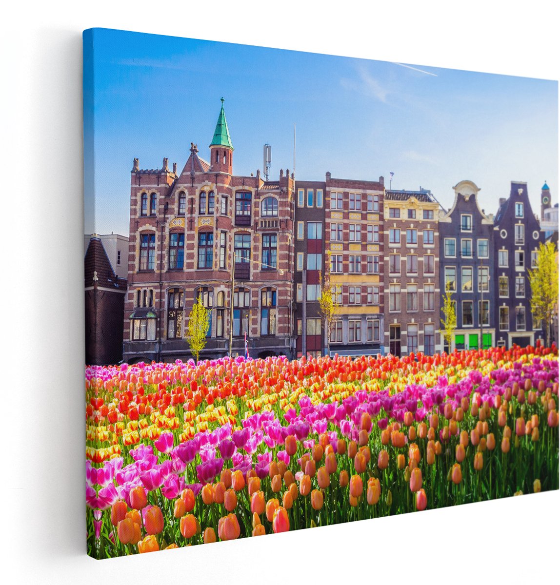 Artaza Canvas Schilderij Amsterdamse Huisjes Met Tulpen - Kleur - 150x120 cm - Groot - Wanddecoratie Woonkamer - Schilderijen - Muurdecoratie