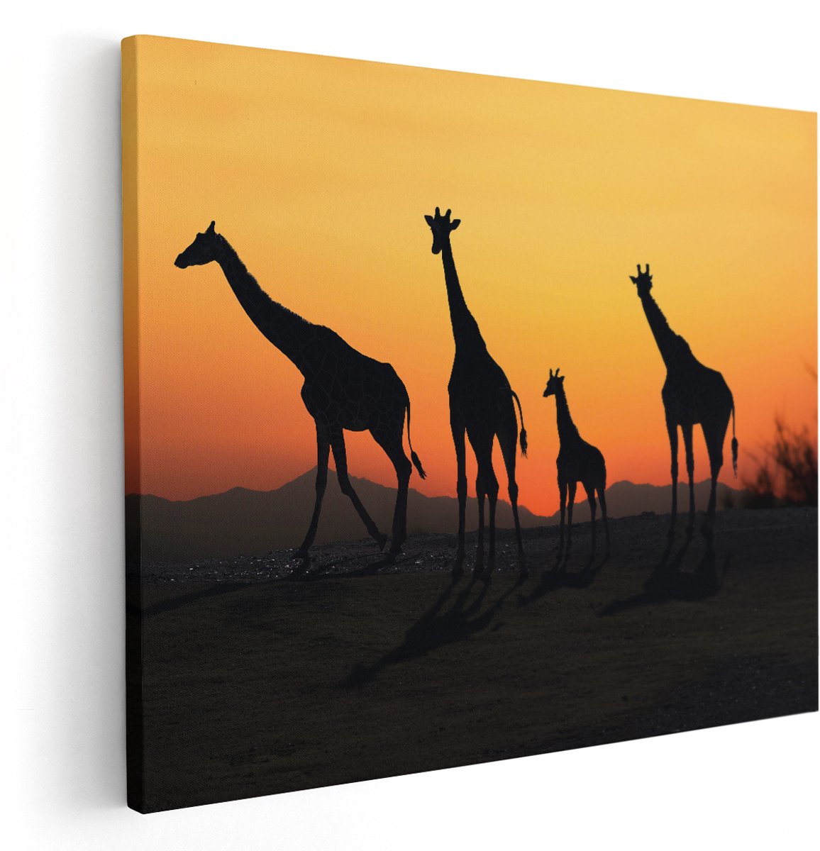 Artaza Canvas Schilderij Vier Giraffe Silhouetten Bij Zonsondergang - 150x120 cm - Groot - Wanddecoratie Woonkamer - Schilderijen - Muurdecoratie
