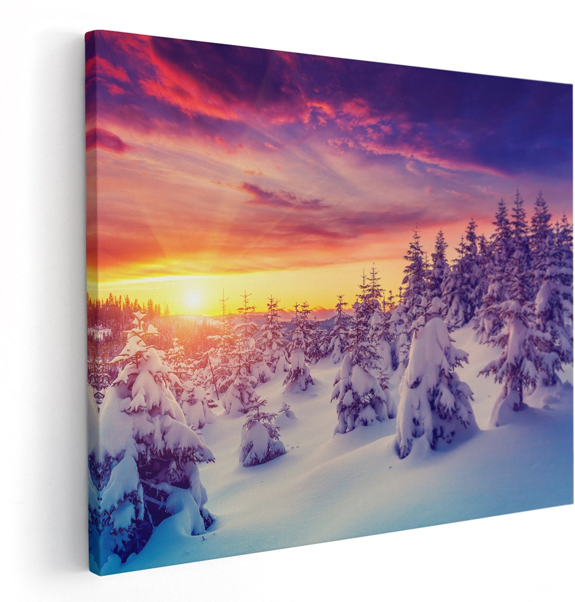 Artaza Canvas Schilderij Zonsondergang In Het Sneeuw Bos - 150x120 cm - Groot - Wanddecoratie Woonkamer - Schilderijen - Muurdecoratie