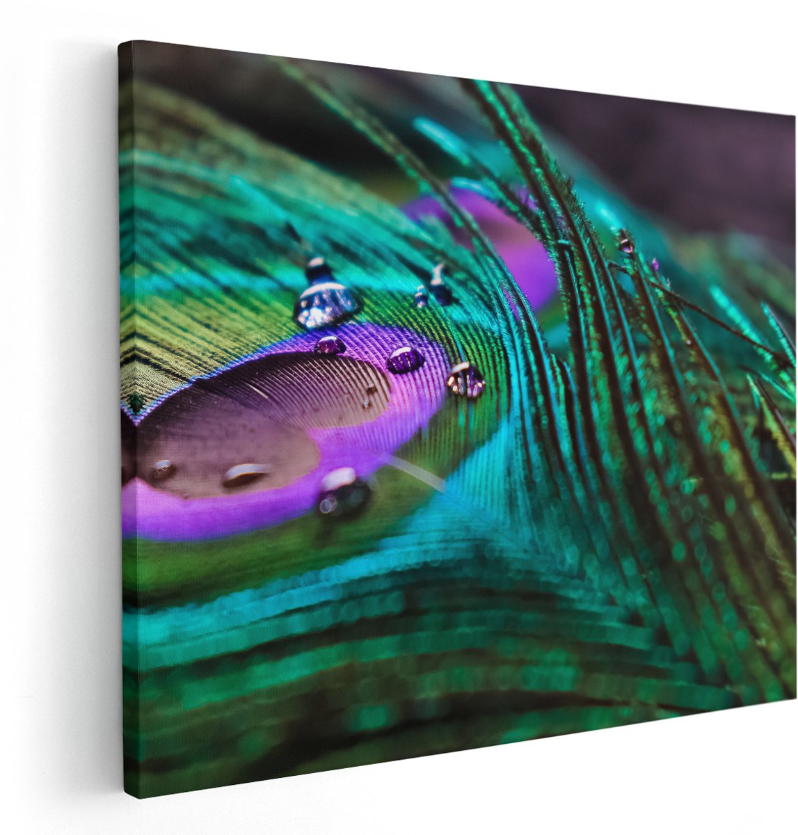 Artaza Canvas Schilderij Kleurrijke Pauw Veer Met Waterdruppels - 150x120 cm - Groot - Wanddecoratie Woonkamer - Schilderijen - Muurdecoratie