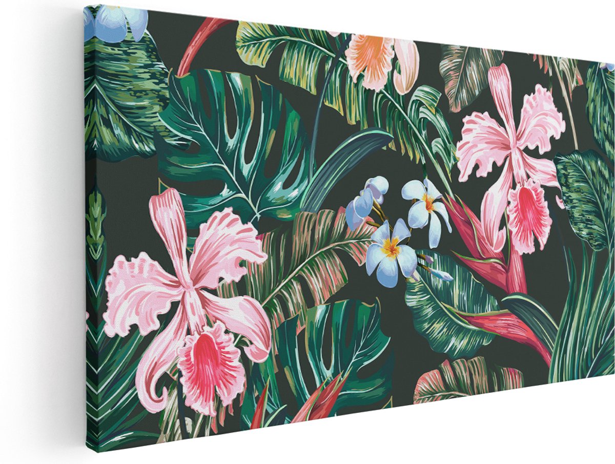 Artaza Canvas Schilderij Getekende Tropische Bloemen - Abstract - 160x80 cm - Groot - Wanddecoratie Woonkamer - Schilderijen - Muurdecoratie