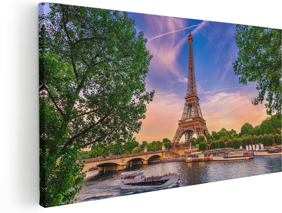 Artaza Canvas Schilderij Eiffeltoren In Parijs Aan Het Water - Kleur - 160x80 cm - Groot - Wanddecoratie Woonkamer - Schilderijen - Muurdecoratie