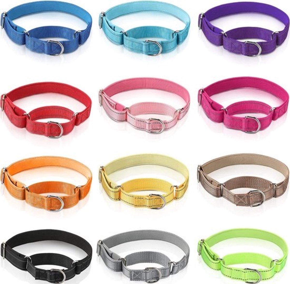 12 stuks martingale halsband voor middelgrote hond, verstelbare reflecterende halsbanden, 35-48 cm, 2,5 cm breed, roestvrijstaal gesp, 12 kleuren