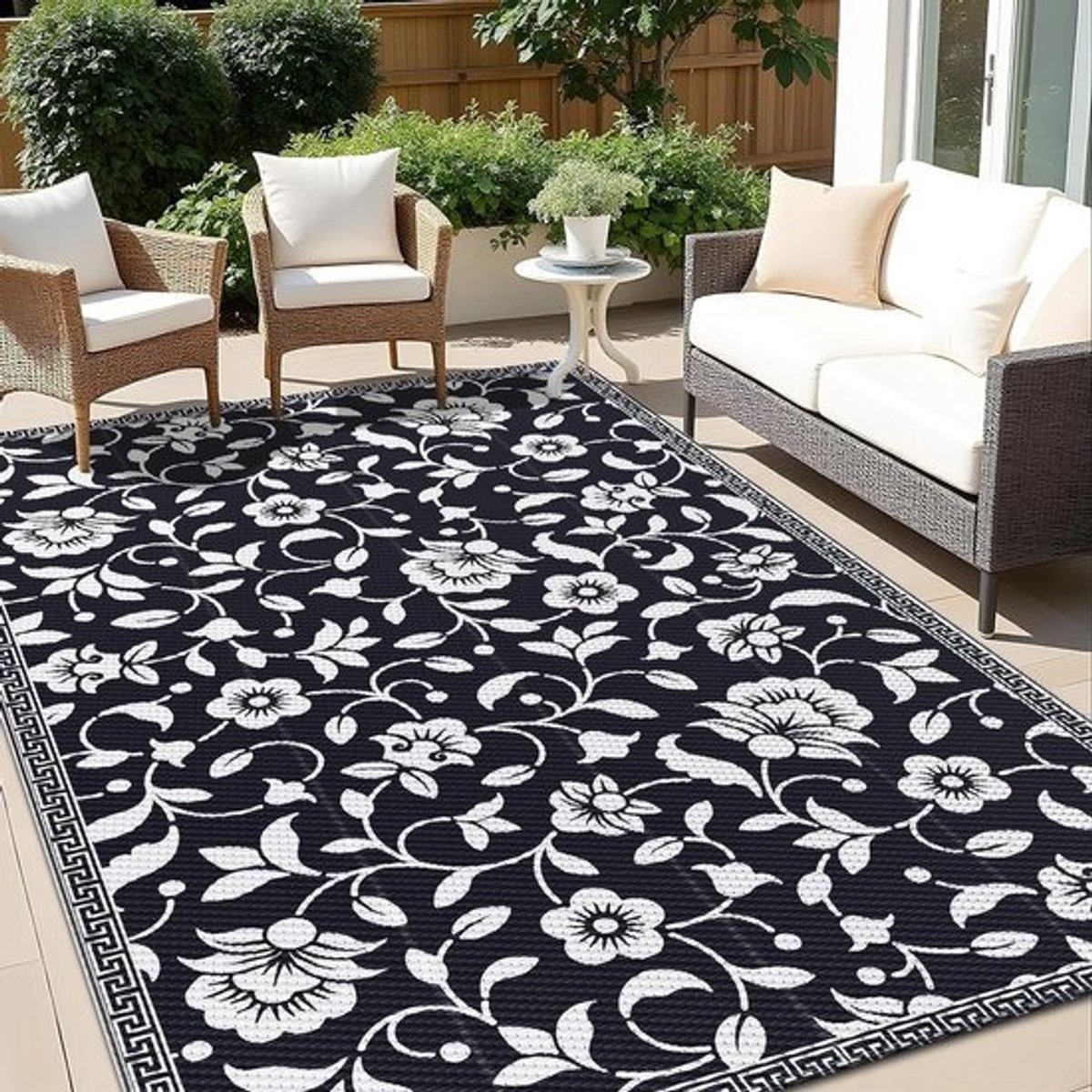 Buitentapijt Bloem - Tuintapijt Omkeerbaar - Buiten Leven - UV-Bestendig Kleurbehoud - 150 x 240 cm - Zwart Wit