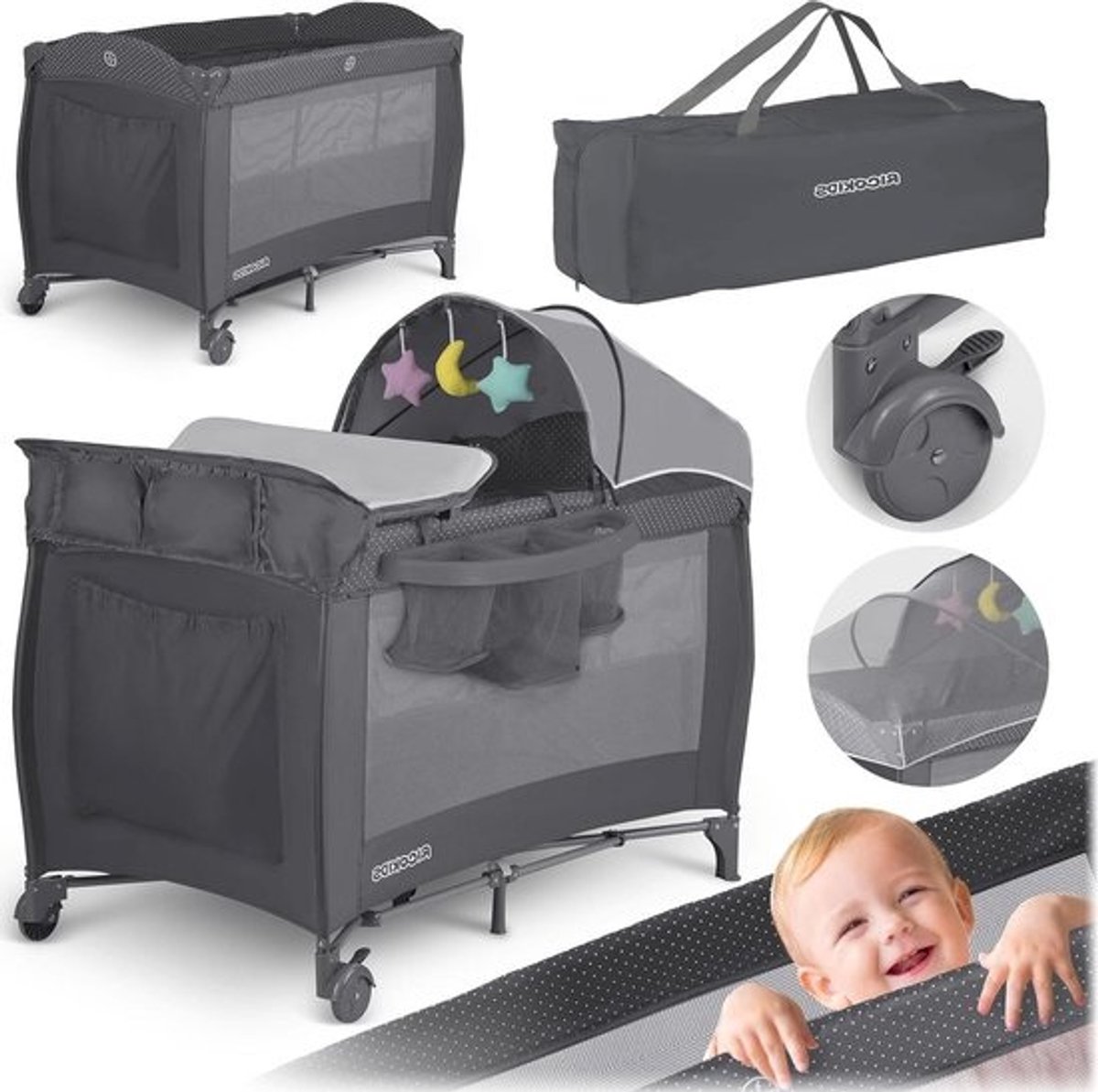Reisbed Peuter - Campingbed Kinderen - Veilig Slapen Onderweg - Opvouwbaar Met Wielen - 125 x 65 x 78 cm