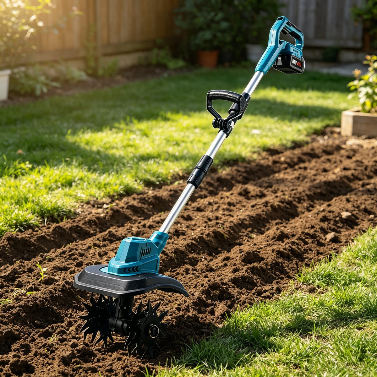 Elektrische snoerloze tuinfrees op 48V accu grondfrees met stalen messen en accuniveau‑indicator ideaal voor bewerken van gazons en tuingrond afmetingen 68*28*23 cm kleur blauwzwart