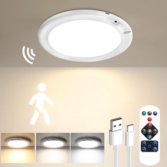 Witte, ronde plafondlamp met bewegingssensor en afstandsbediening, oplaadbaar.