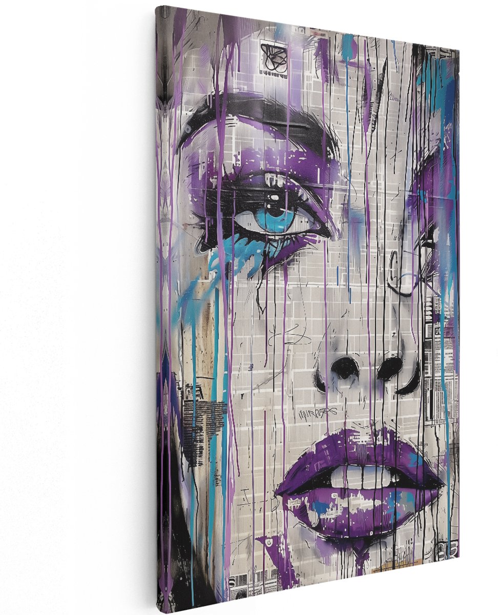 Artaza Canvas Schilderij Vrouw met Paarse Verf op haar Gezicht - 120x180 cm - Groot - Wanddecoratie Woonkamer - Schilderijen - Muurdecoratie