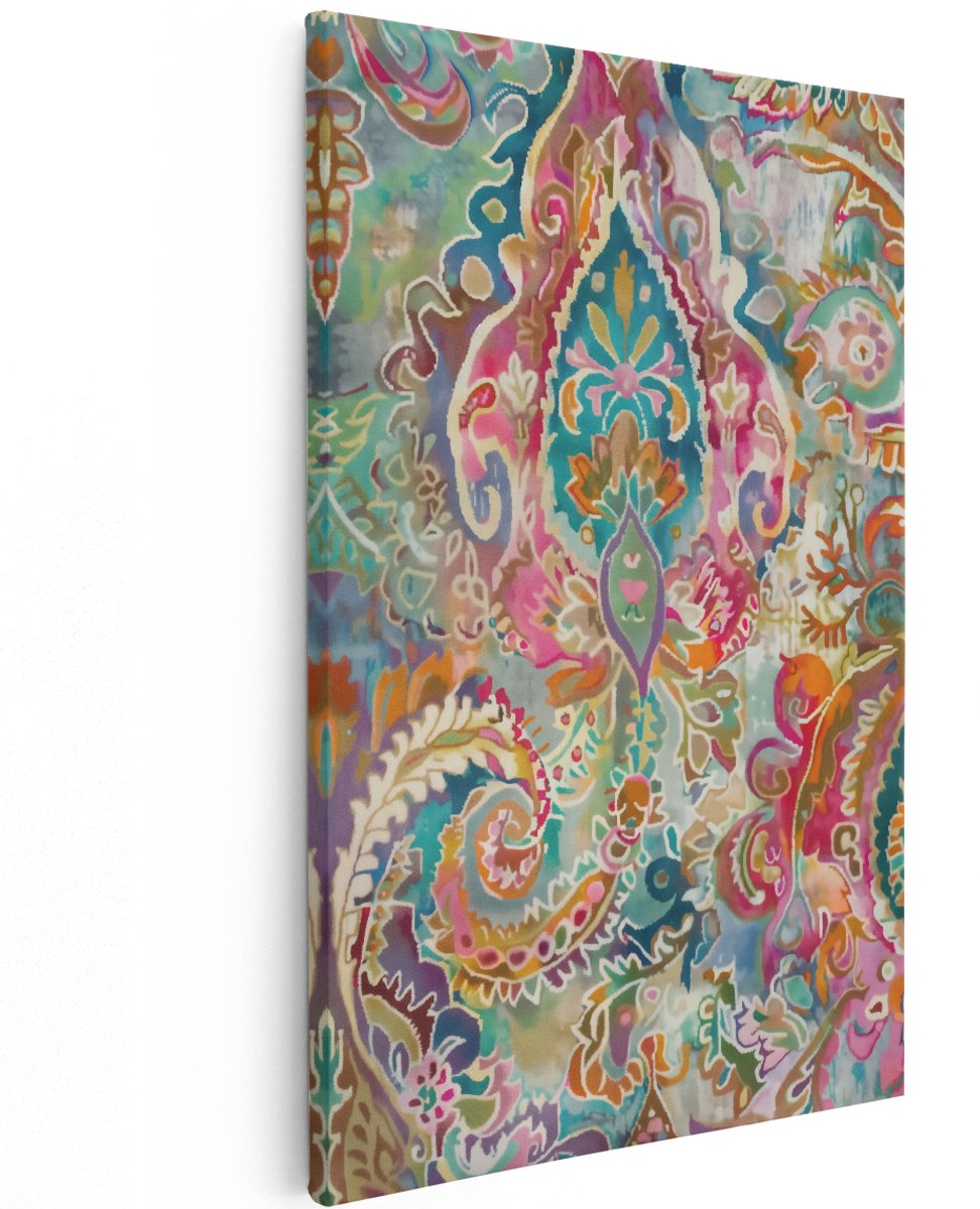 Artaza Canvas Schilderij Kleurrijk Paisleypatroon op een Stof - 120x180 cm - Groot - Wanddecoratie Woonkamer - Schilderijen - Muurdecoratie