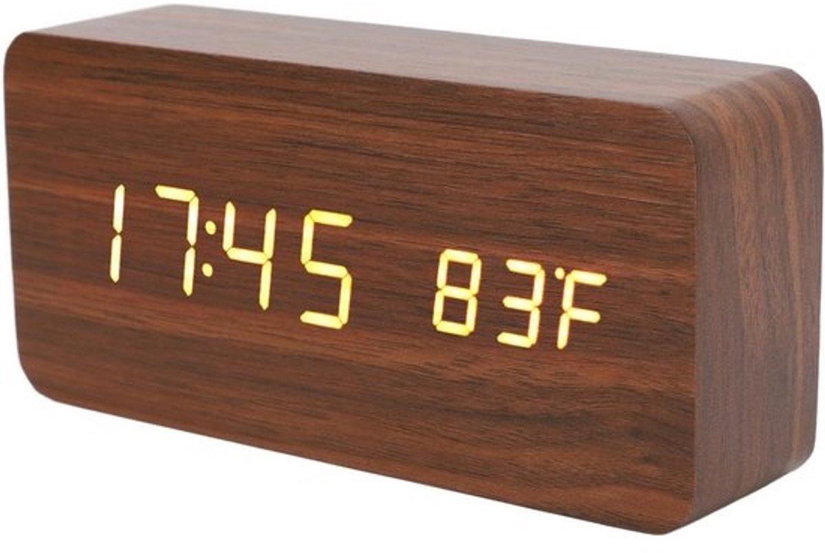 Digitale Houten LED Wekker met Grote Display, Spraakbediening en Nachtkastje Functie
