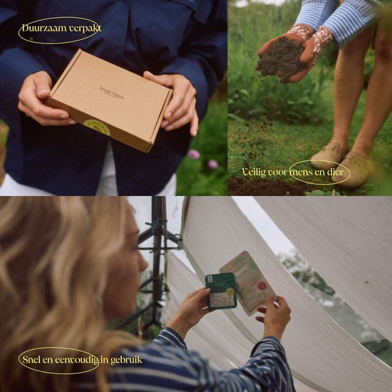 Collage van vier beelden: handen met doosje, handen met aarde, vrouw met tuinproducten, vrouw met verpakking.