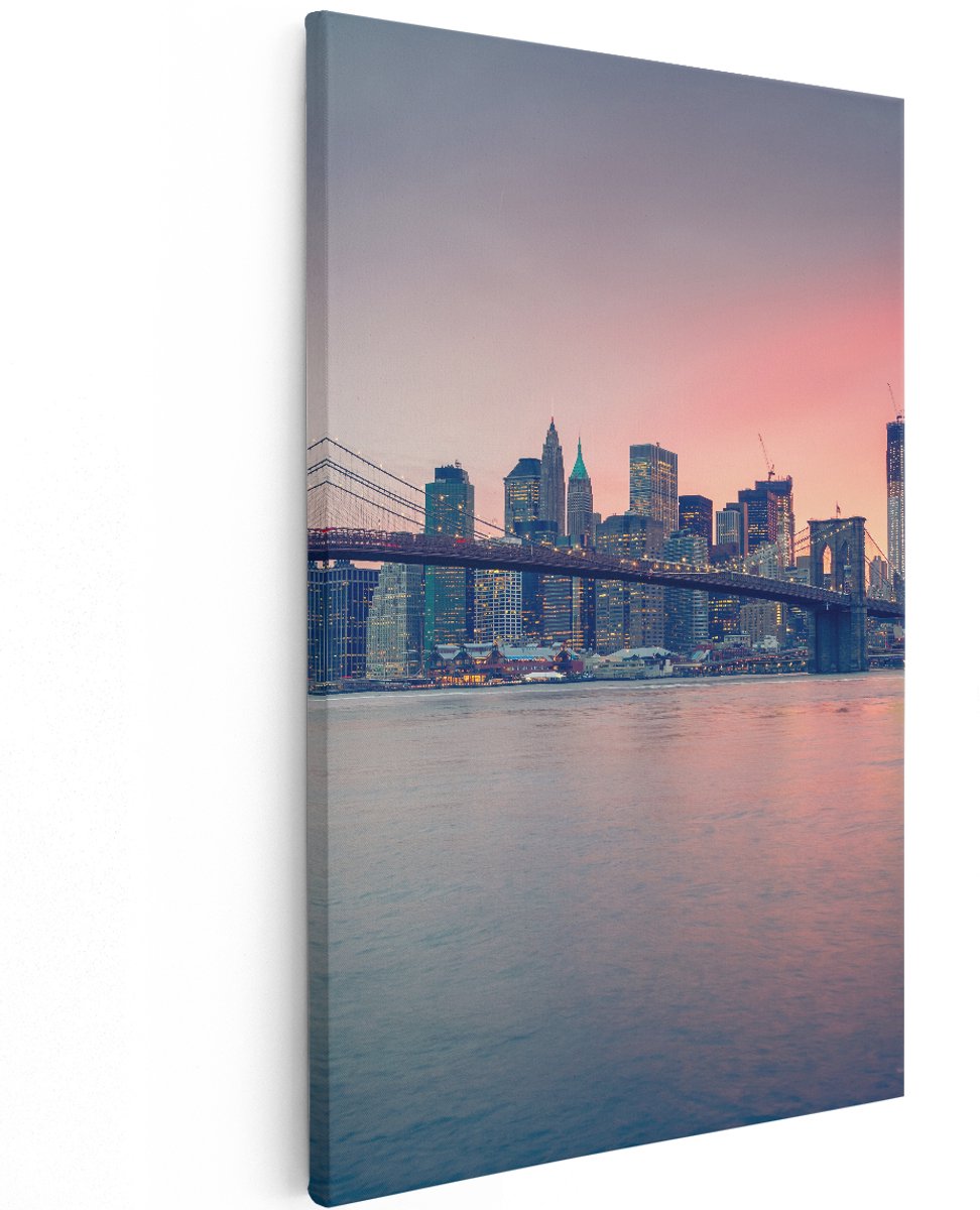 Artaza Canvas Schilderij New York Brooklyn Brug Bij Zonsondergang - 120x180 cm - Groot - Wanddecoratie Woonkamer - Schilderijen - Muurdecoratie