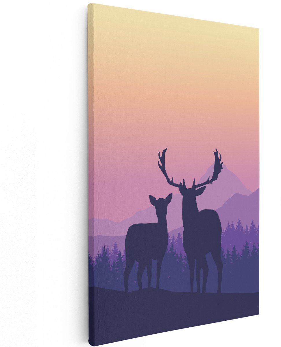 Artaza Canvas Schilderij Twee Herten - Zonsondergang - Silhouet - 120x180 cm - Groot - Wanddecoratie Woonkamer - Schilderijen - Muurdecoratie