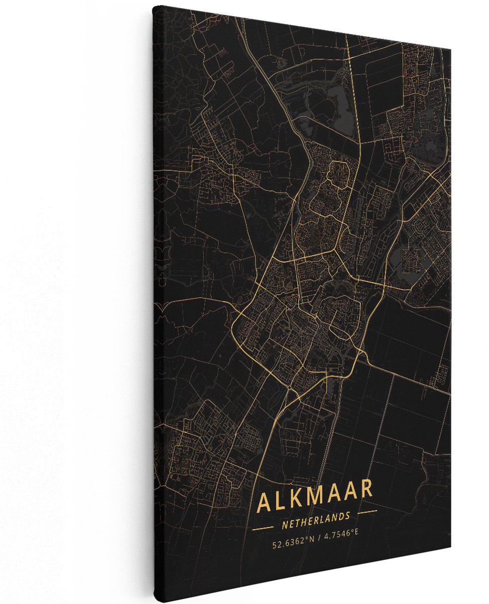 Artaza Canvas Schilderij Stadskaart Alkmaar in het Goud en Zwart - 120x180 cm - Groot - Muurdecoratie - Canvas Print