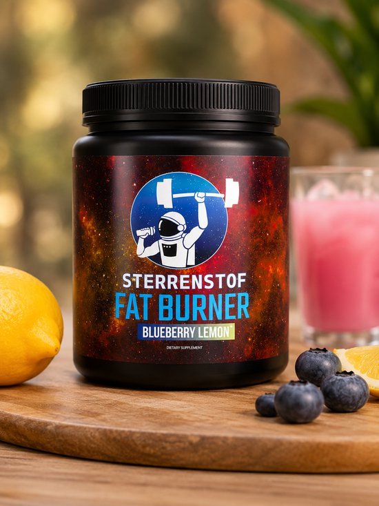 Zwarte pot "Sterrenstof Fat Burner Blueberry Lemon" met astronaut en dumbbell logo. Op de voorgrond liggen bosbessen en citroenpartjes op een houten plank.