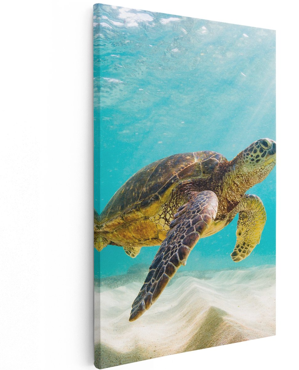 Artaza Canvas Schilderij Schildpad Zwemt in de Helder Blauwe Zee - 120x180 cm - Groot - Wanddecoratie Woonkamer - Schilderijen - Muurdecoratie