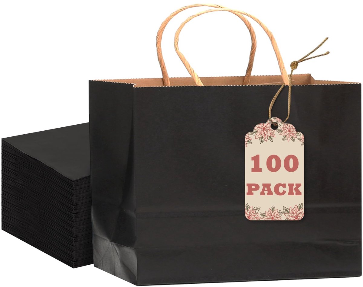 Famanu – Set van 100 zwarte papieren cadeauzakjes met handvatten, 32 cm x 11 cm x 25,4 cm, brede feestcadeauzakjes voor diverse doeleinden