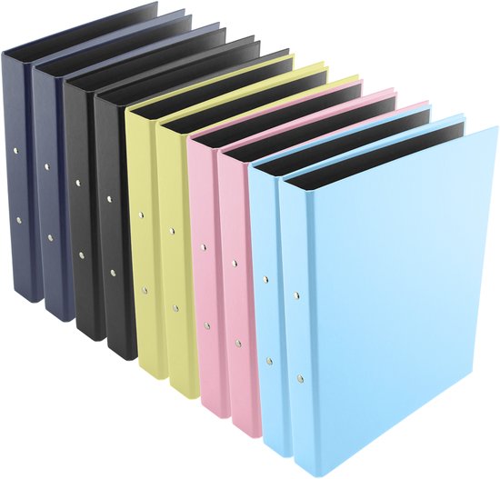 Une rangée de six classeurs colorés : bleu foncé, noir, jaune, rose, bleu clair et vert clair, debout.