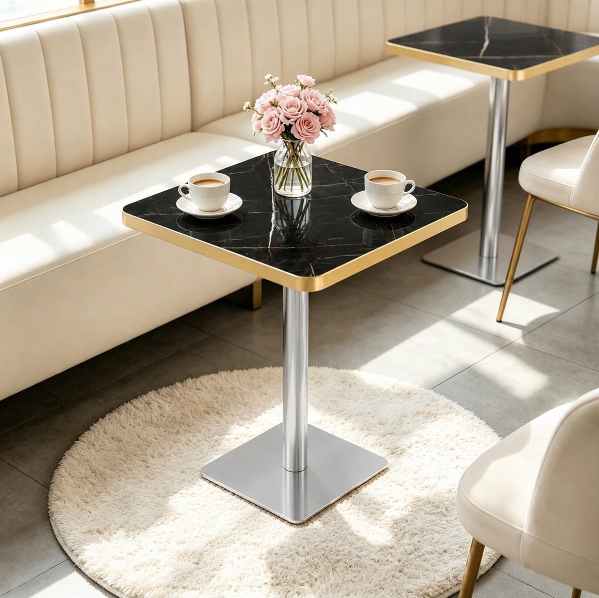 REDOM - Eettafel - Vierkant design met marmerlook - Stabiel metalen onderstel - Modern - Woonkamer of café - MDF en metaal - Zwart - 60 x 60 x 73,7 cm