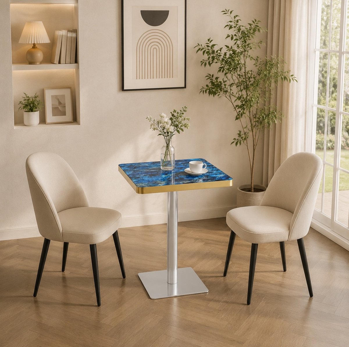 REDOM - Vierkante eettafel - Marmerlook blad - Met metalen onderstel en stabiele voetplaat - Modern - Voor eetkamer, bistro of café - MDF en metaal - Blauw - 60 x 60 x 74 cm