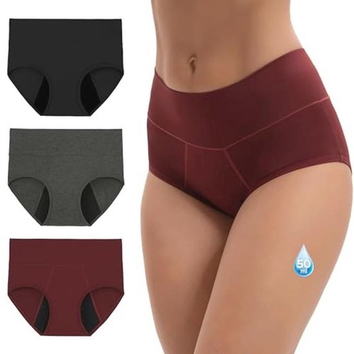 INNERSY Menstruatie-ondergoed met hoge taille, hoge taille, verpakking van 3 stuks