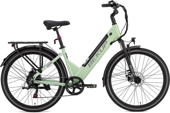 Elektrische stadsfiets - 26 inch lage instap - 522Wh lange actieradius accu - 250W achterwielmotor - 45Nm koppel - Shimano 7 versnellingen - Schijfremmen voor en achter - LCD-display - Geveerde zadelpen - groen — afbeelding 2