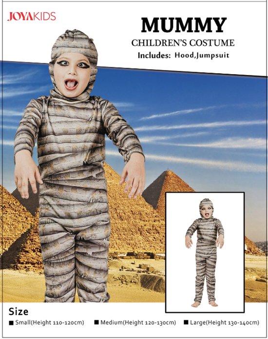 Joyakids mummiekostuum voor kinderen. Inclusief capuchon en jumpsuit met mummieprint. Maat S.