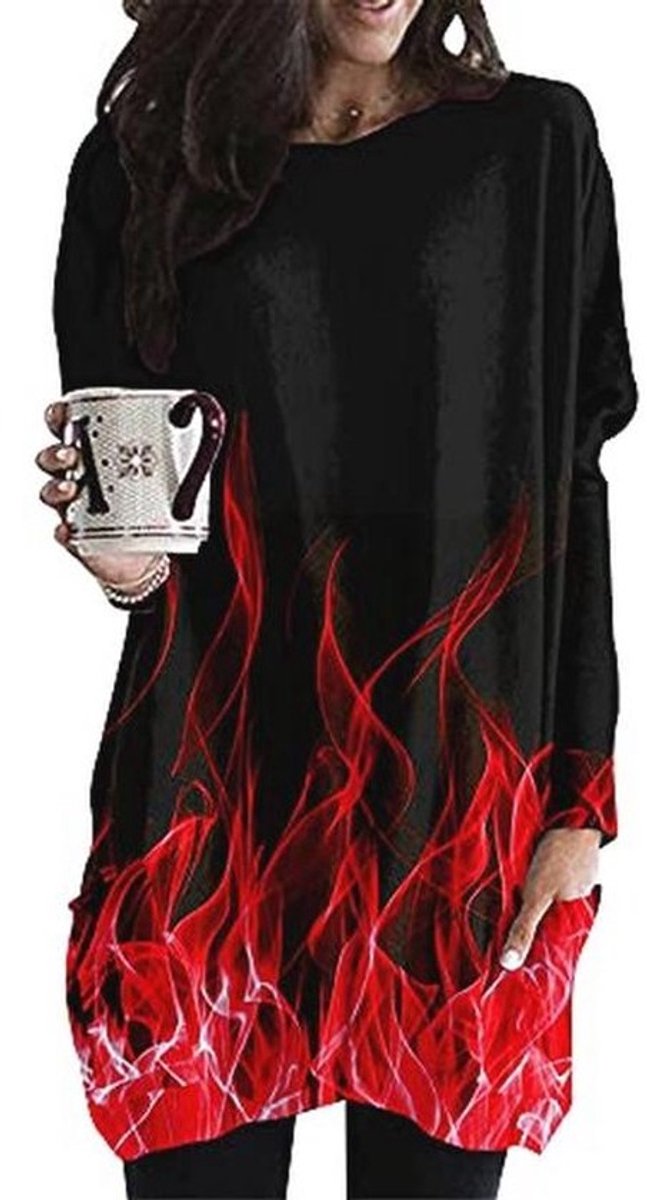 Oversized dames T-shirt met lange mouwen en 3D vlam print - Casual blouse voor herfst en winter