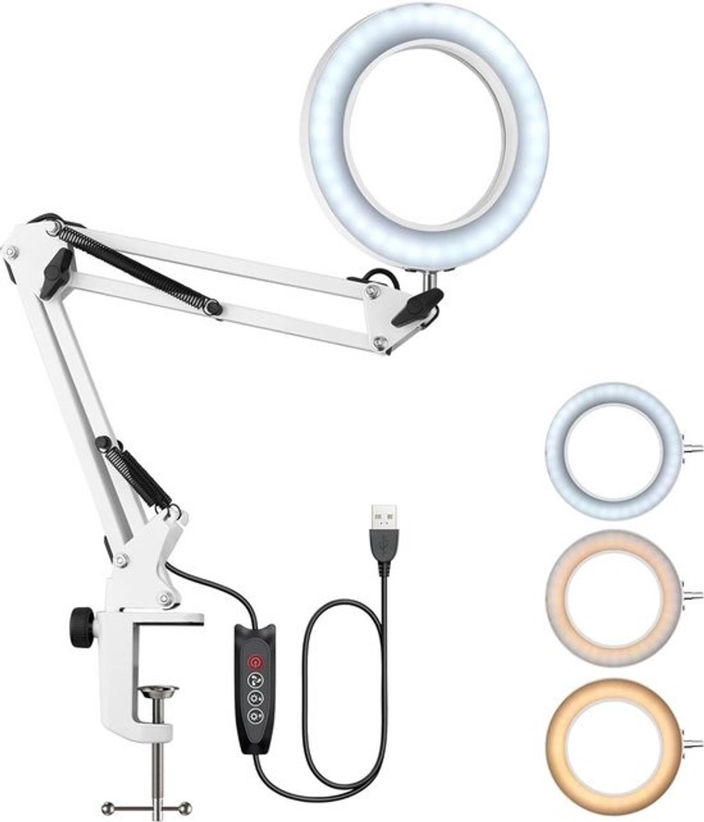 Vergrootlamp met zwenkarm - 8X vergrootglas met licht - Tafellamp met 3 kleurmodi - 10 helderheidsniveaus - Dimbare werklamp voor werkbanken (wit) Vergrootglas met licht