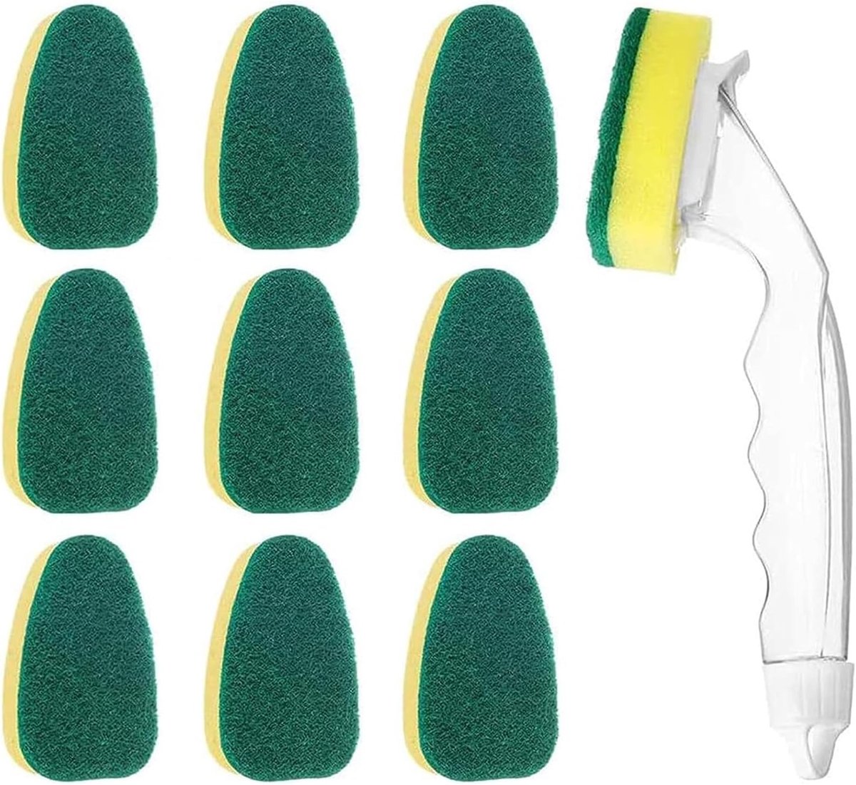 Schoonmaak Spons en Afwasborstel met Handvat voor Keuken en Badkamer, Inclusief 9 Vervangkoppen en 1 Afwasstaaf voor Grondige Reiniging