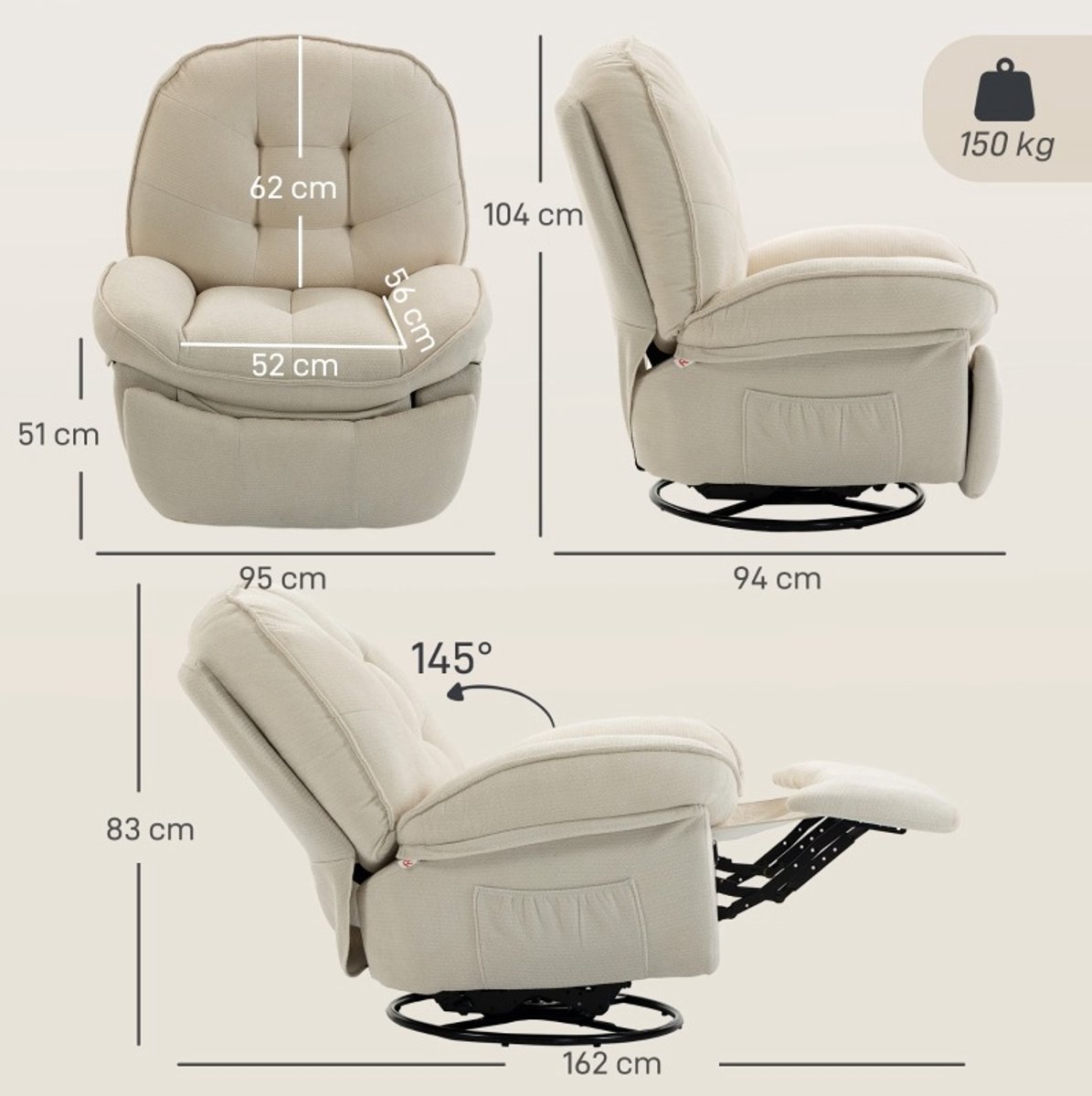 DESMIU Fauteuil 95 Cm - Draaibaar Relaxfauteuil Met Wippfunctie En Ligfunctie - Voor Woonkamer En Slaapkamer - Polyester - Crème Wit Crèmewit