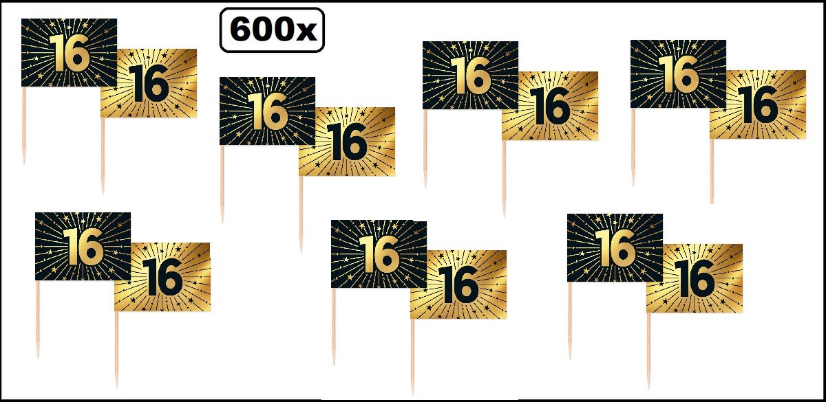 600 stuks Luxe Cocktailprikkers 16 jaar goud/zwart - Vlag prikker Jubileum verjaardag thema feest bruiloft cocktail prikker