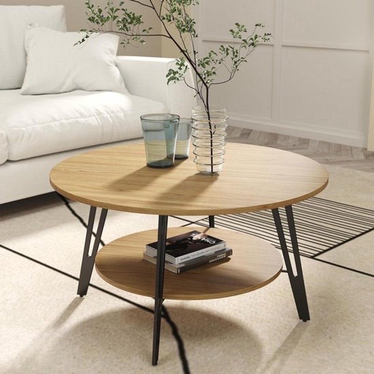 Ronde Salontafel Hout met Opbergruimte en Metalen Poten