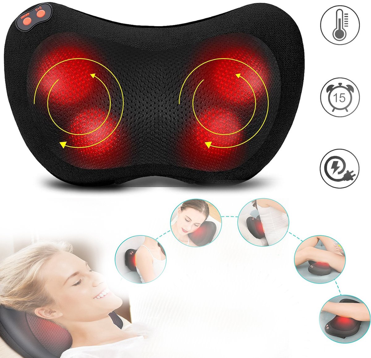 Rug- en Nekmassageapparaat, Shiatsu Massagekussen, 4d Kneedmassagekussen, Met 15 Minuten Timerbeveiliging, Warme Compressiefunctie Met Constante Temperatuur Van 35 °C.