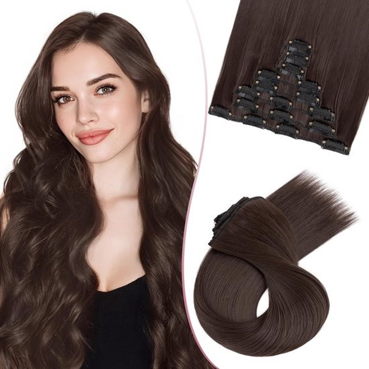 Donkerbruin Clip-in Haarstukjes Set - 8 Delige Rechte Synthetische Extensies (66 cm, 175g)