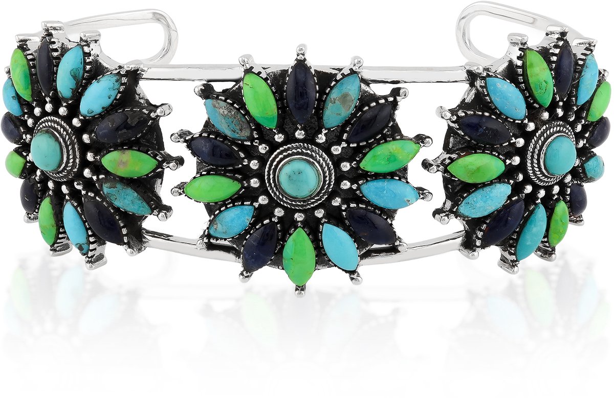 Cavill - Armband 925 Sterling Zilver met 7,84 ct Blauwe en Groene Kingman Mohave Turkooisen - Marquise Cabochon - Bohemian Handgemaakt