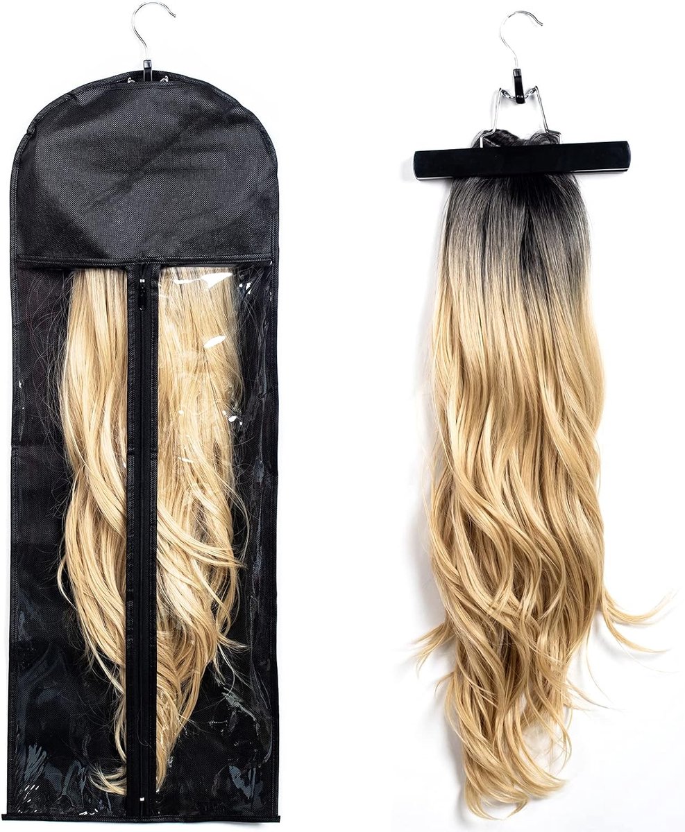 Pruik opbergtas - 2 stuks | Zwart met transparant venster en hanghanger | Geschikt voor pruiken, haarstukken en extensions,30*60cm