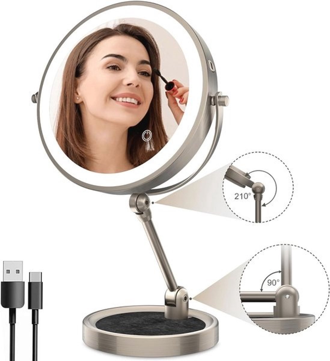 Opvouwbare Verstelbare Tafelspiegel met Verlichting - 20,3 cm Dubbelzijdige Vergrotingsspiegel - Ideaal voor Make-up en Reis
