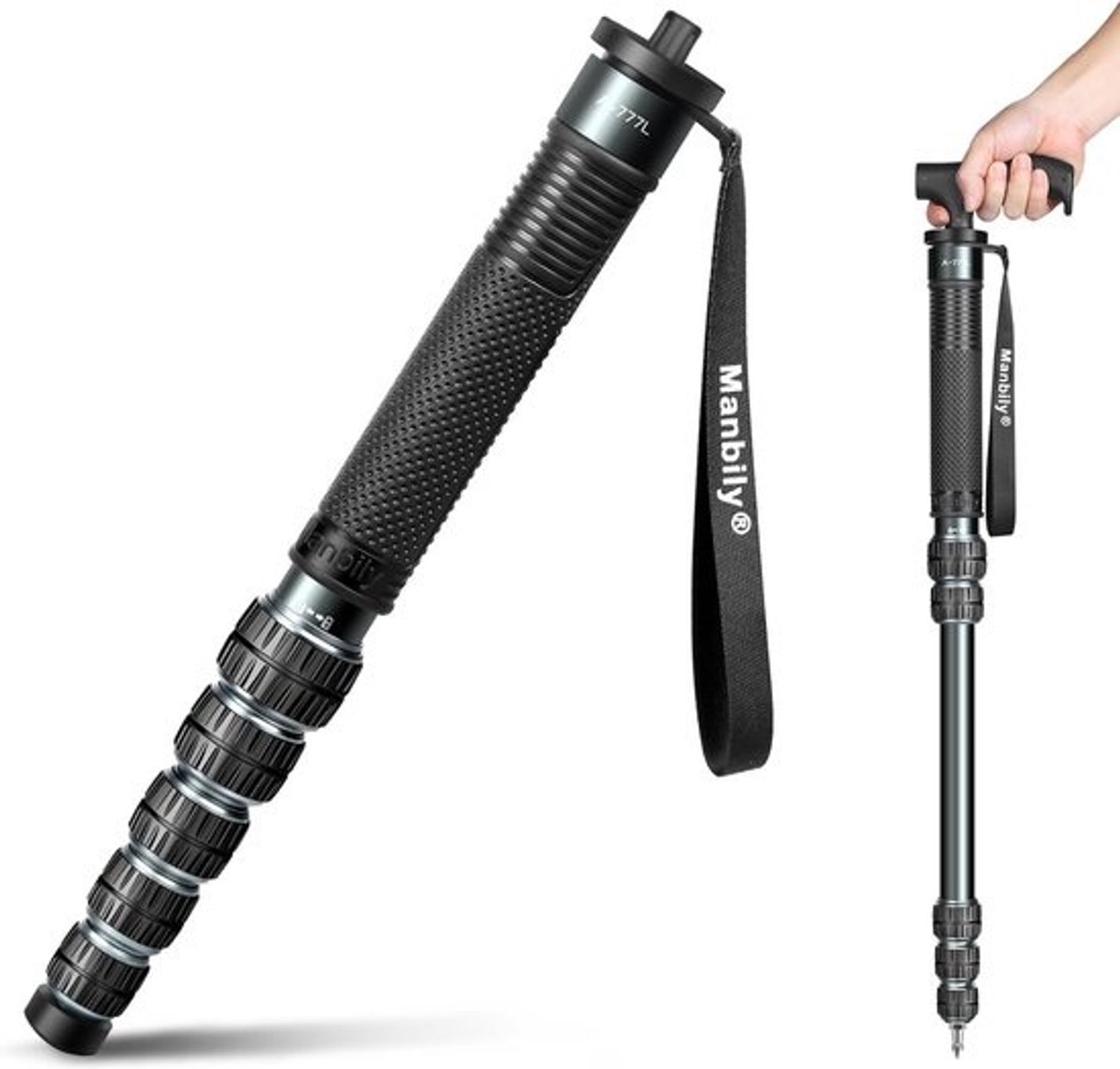 Professionele Aluminium Monopod voor DSLR Camera en Videocamera - Verstelbaar 44cm tot 174cm - Inclusief Wandelstok Functie