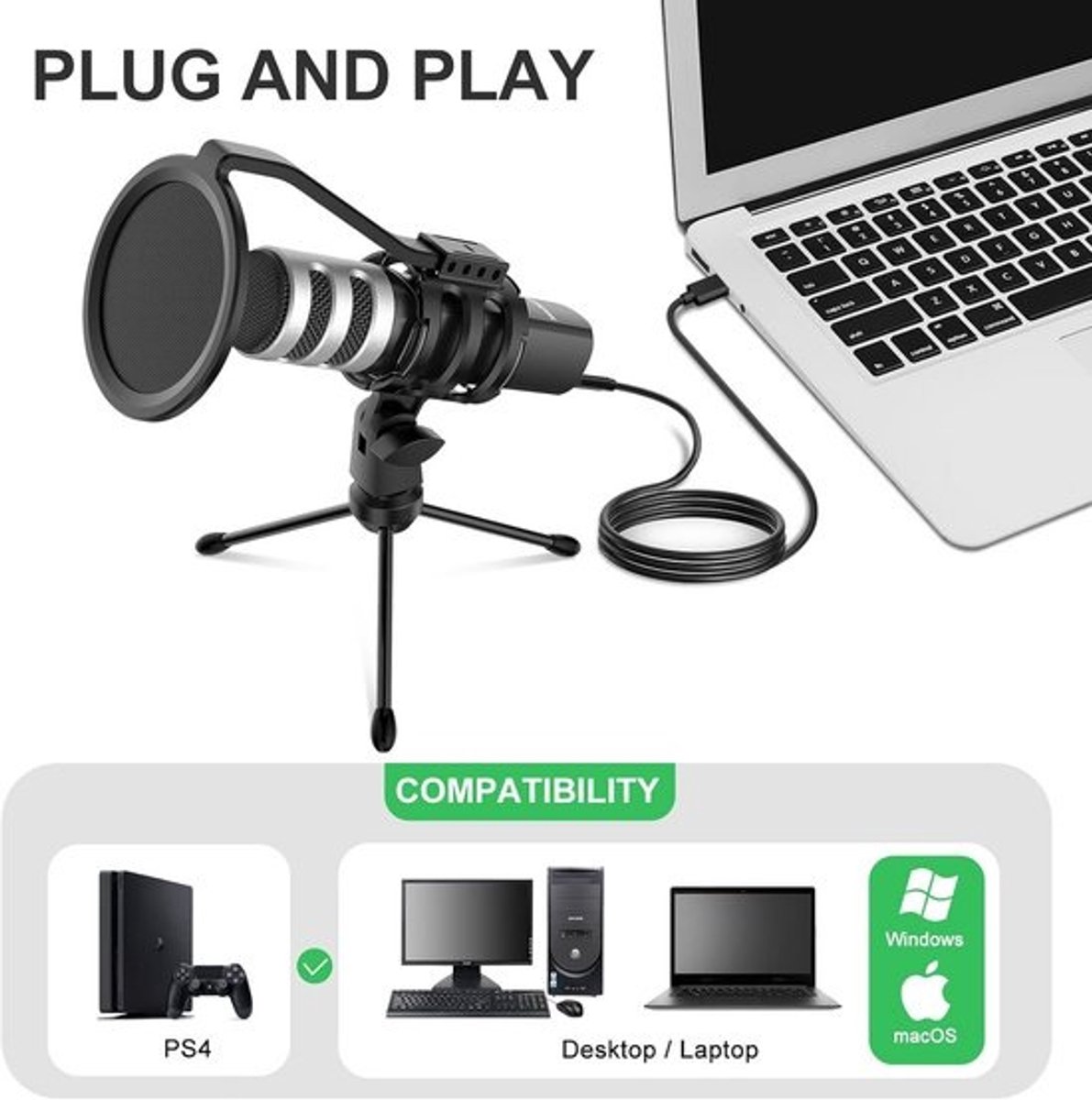 USB Microfoon voor PC en Laptop - Desktop Microfoon voor Gaming, Opname en Streaming