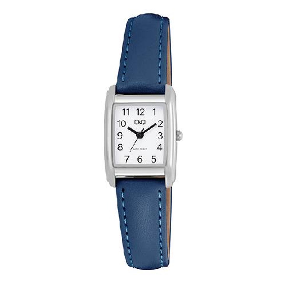 Q&Q-dameshorloge-rechthoekig-blauw lederen band-3 atm waterdicht-duidelijke wijzerplaat-afmeting 28x20 mm