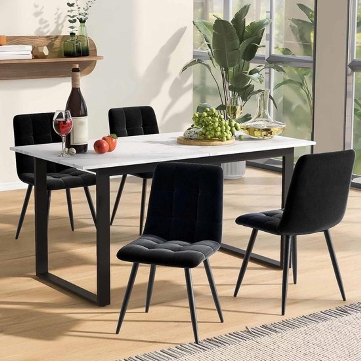 Eettafel uittrekbaar - Keukentafel rechthoekig - Gezellig dineren - Marmerlook blad - 140-180 x 70 x 75 cm - Wit