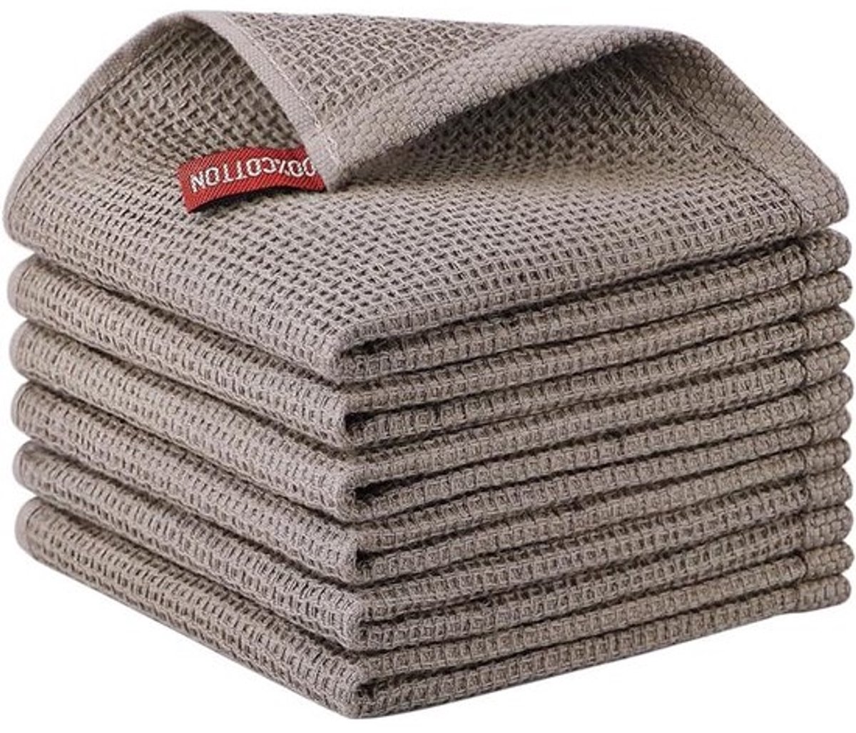 Set van 6 Keukendoeken 100% Katoen Wafelstructuur - Superabsorberende Vaatdoeken Bruin