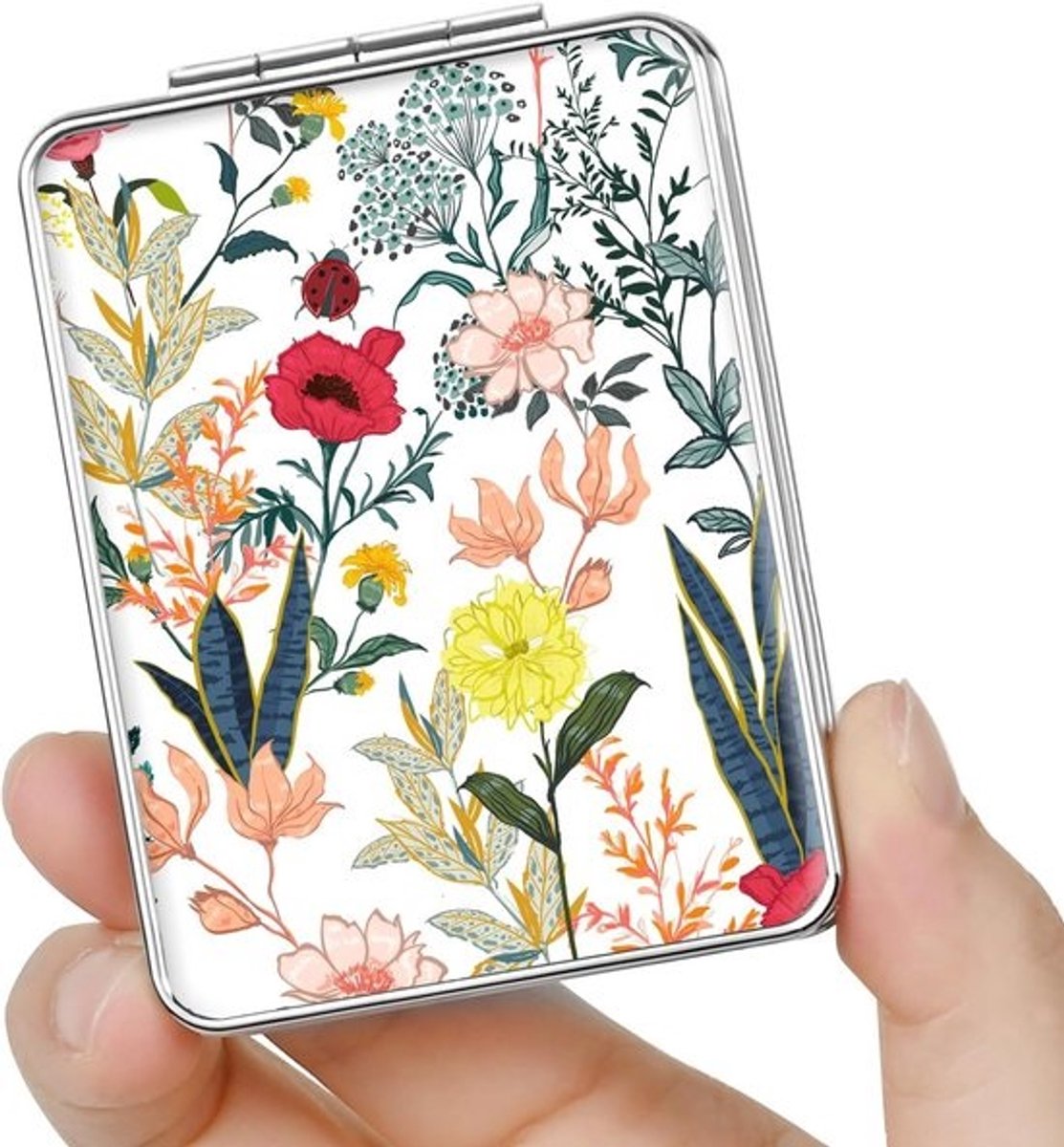 Kleine reisspiegel met vergroting - Draagbare dubbelzijdige cosmetische spiegel met witte bloemen