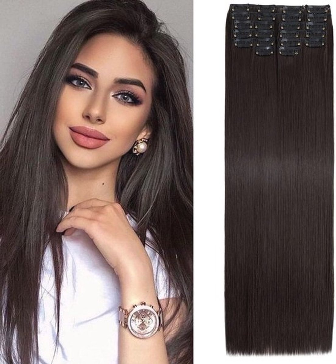 Clip-in Haarverlengingen 56 cm, 12-delige Set, Donkerbruin, Synthetisch, Glad Haar, Lange Haarstukken voor Dames