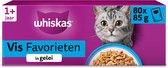 Whiskas 1+ Vis Favorieten in gelei, 80x85g pak met kattenvoer in gelei en een kat.