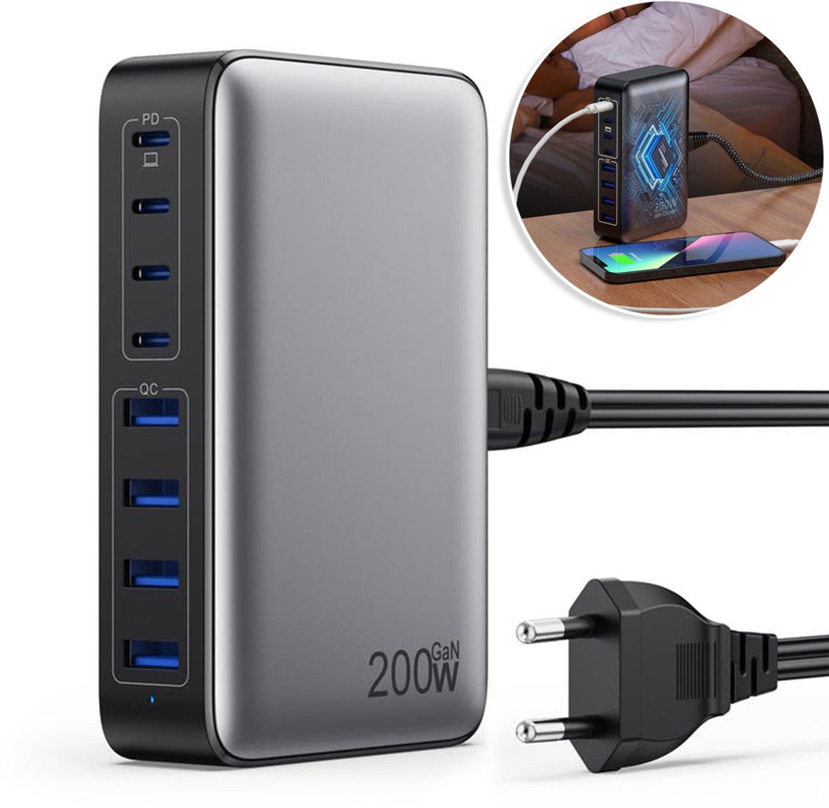 8-Poorts 200W Laadstation Met GaN - 4 Type-C 4 USB a Snellaadpoorten 65W Laptopuitgang Compact Ontwerp - Ideaal Voor Macbook, iPhone, Steam Deck En Bureaus Met Meerdere Apparaten - Zwart